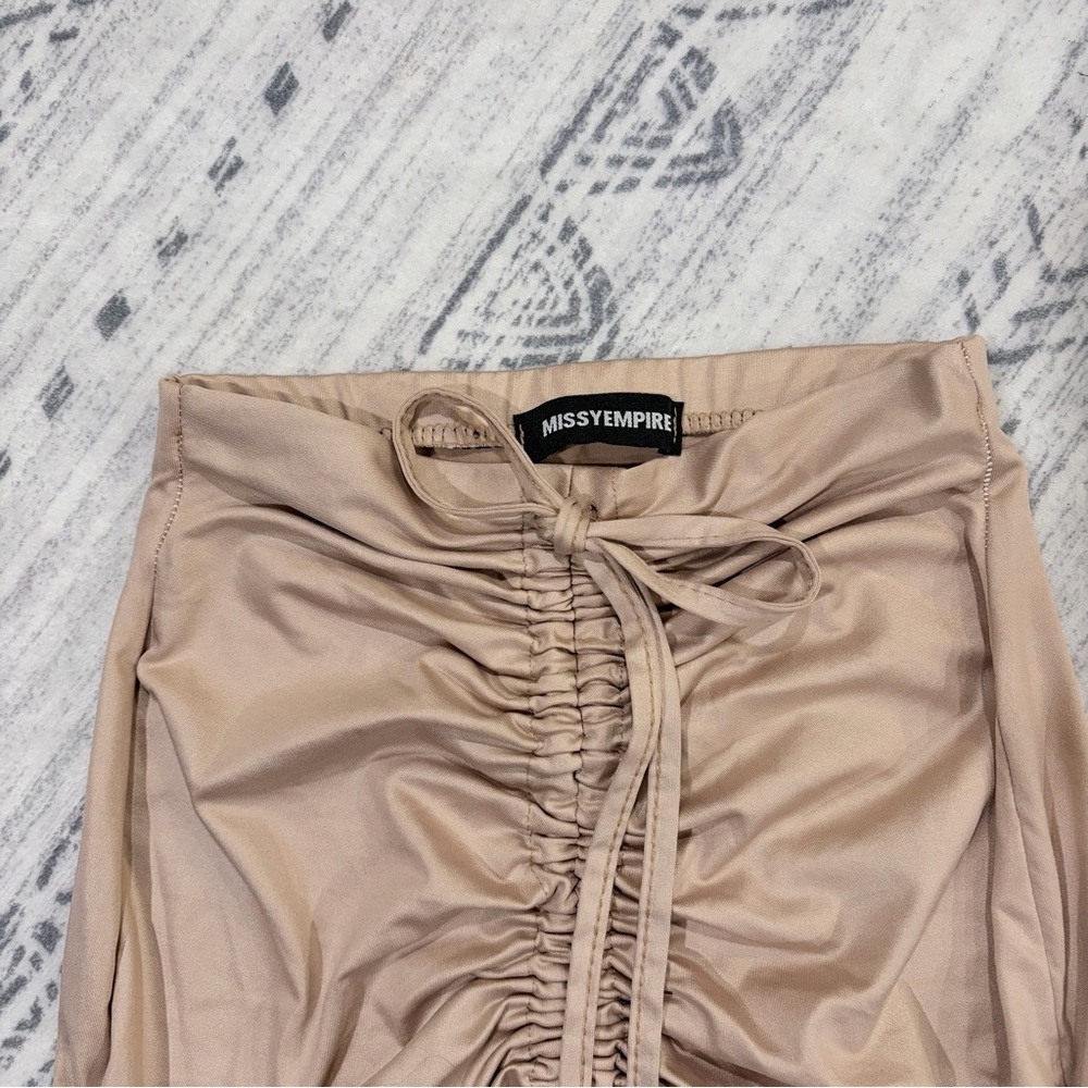 🌟2 for $10 Missy Empire Taupe Tan Satin Ruched Mini Skirt Glam Mobwife S - Picture 3 of 8